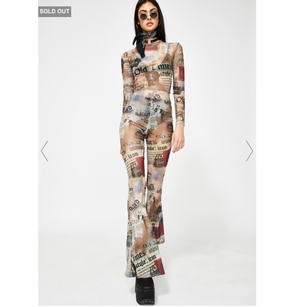 JADED LONDON NEWSPAPER PRINT MESH FLARED CATSUIT